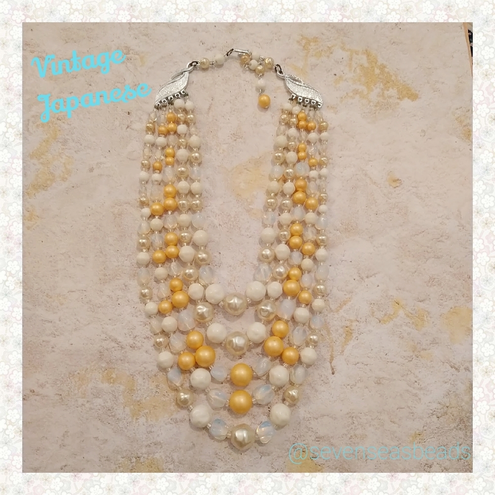 💘 Vintage 1950s Japanese 5-strand Opal Glass Necklace